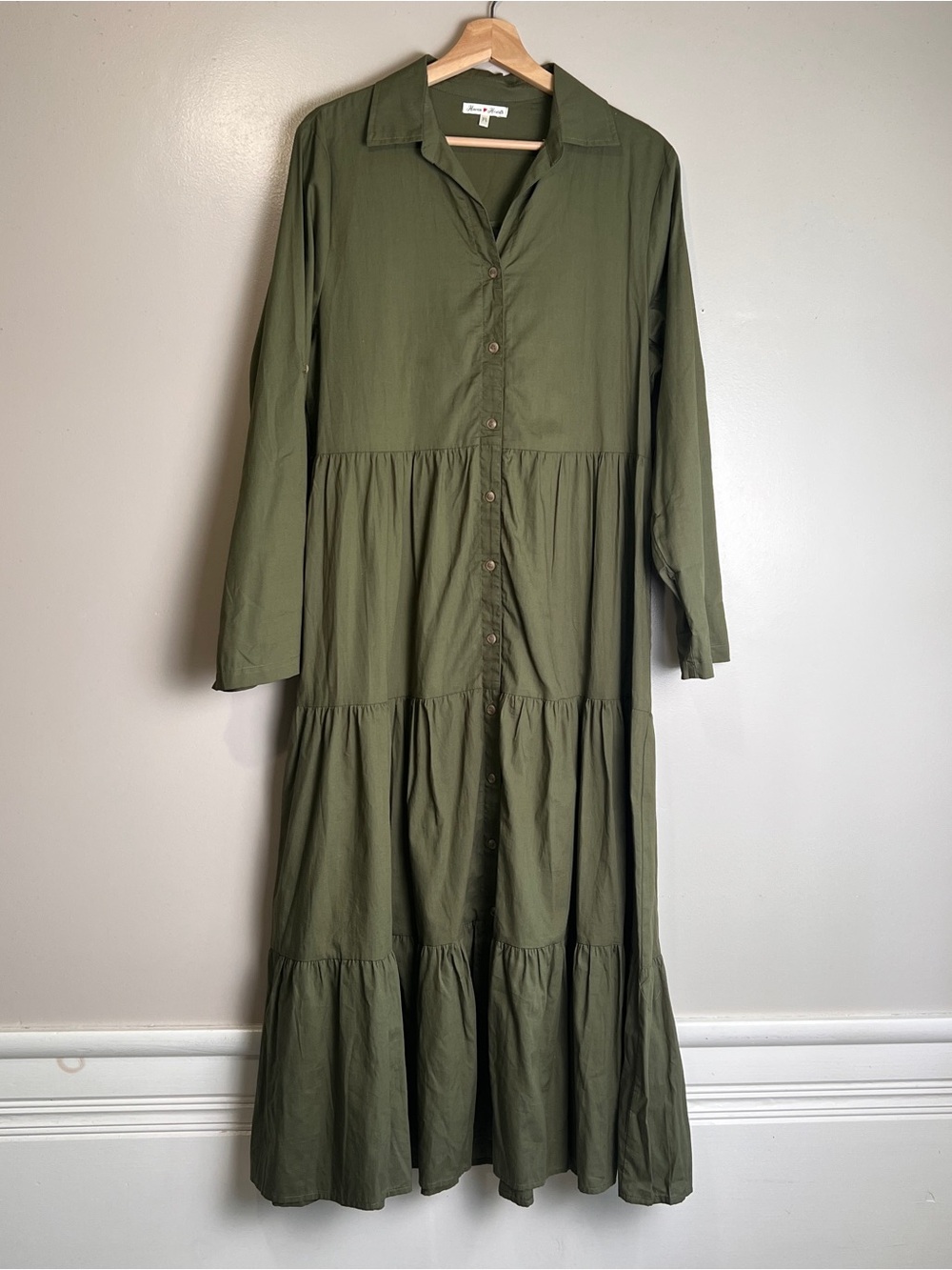 Haven Hearts Olive Green Cotton Button-Down Maxi Dress Size Medium, NWOT